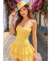 Comprar vestido feminino curto laise boho casual tomara que caia com babados para festa verão barato em promoção ZARA